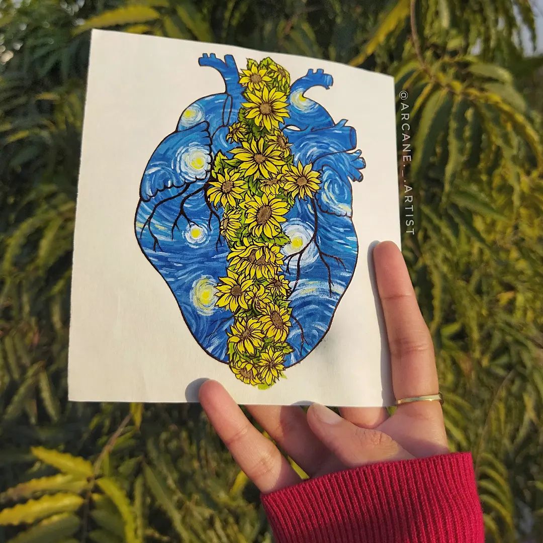 Painting of a heart with yellow flowers and a cringe background